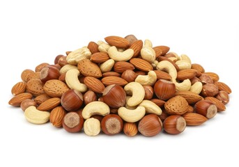 Assorted nuts pile including almonds cashews and hazelnuts on a white background studio shot view