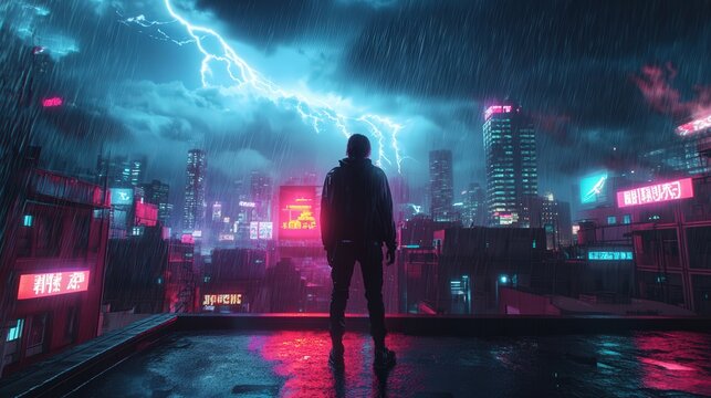 A figure stands on a rooftop during a storm, illuminated by neon city lights and lightning in a thrilling atmosphere of the night.