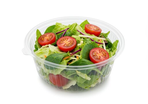 A plastic container filled with a salad consisting of lettuce and tomato halves on a white background