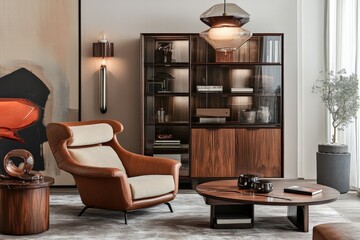A living room with a brown wooden coffee table and a tan leather chair. A large painting hangs on the wall above the coffee table