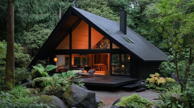 Modern A-frame house in forest with lights on at dusk, for nature getaway ads