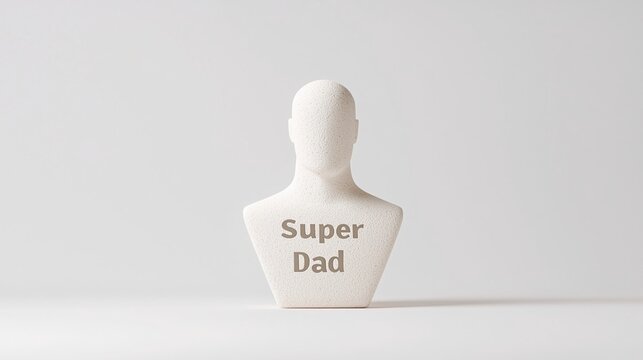 A minimalist sculpture of a bust with the inscription "Super Dad," symbolizing appreciation for fatherhood and paternal figures.