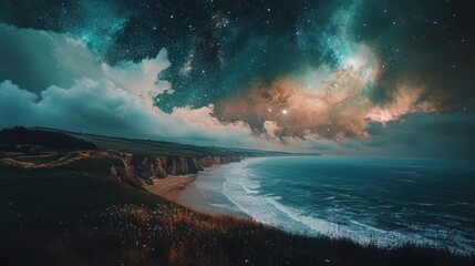 Fototapeta premium Cosmic Beach View: A Dreamy Scene with Stars Above and Waves Below