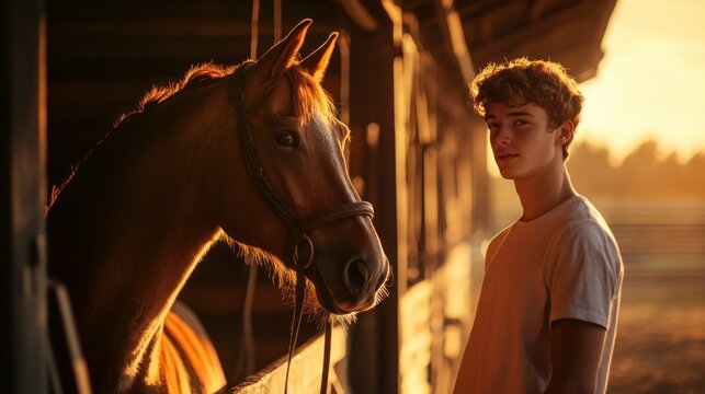 A young person stands beside a horse in a stable during sunset, capturing a serene moment.