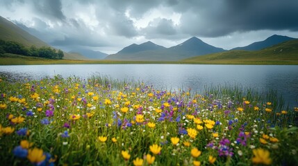 A serene lake surrounded by vibrant wildflowers and majestic mountains under a cloudy sky. Perfect for nature lovers and photographers.