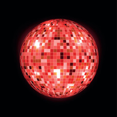 Shiny red disco ball reflects light in dynamic patterns against a black background in a vector format