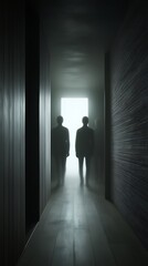 Fototapeta premium Two shadowy figures walking down a dark corridor towards a bright doorway, creating a mysterious, dramatic atmosphere filled with suspense and tension