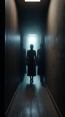 Fototapeta premium Two shadowy figures walking down a dark corridor towards a bright doorway, creating a mysterious, dramatic atmosphere filled with suspense and tension