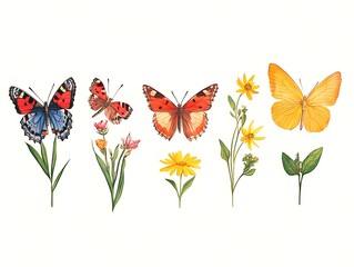 Collection of beautiful butterflies and vibrant flowers in the light background. Illustration
