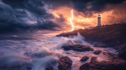 Fototapeta premium A stormy lighthouse scene with waves crashing, lightning in the sky, and a beautiful sunset glow lighting the clouds.