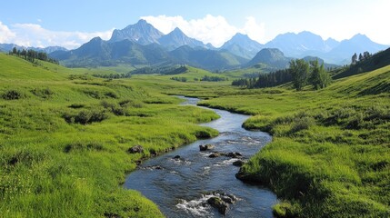 Scenic valley with winding river and mountains. Lush green meadows stretch towards the distant peaks