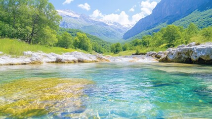 Crystal River Lush Greenery Vibrant Nature High-Definition Sunny Landscape Wide Angle View Tranquil Water Scene Mountainous Backdrop Bright Teal Tones Tourism Advertisement