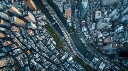 Fototapeta premium Aerial view of a bustling urban landscape with buildings, roads, and a river.