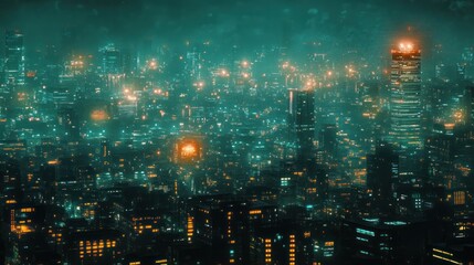 Fototapeta premium Futuristic cityscape panorama illuminated by a vibrant network of glowing lights