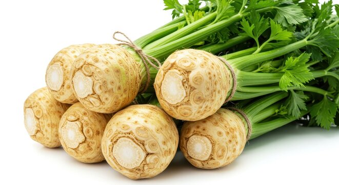 A close up of a bunch of celeriac roots and celery stalks tied together on a white background surface