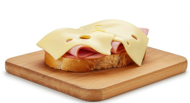 Open faced sandwich with ham and swiss cheese on a wooden cutting board against a white background