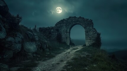 A mysterious stone archway under a glowing moon in a dark, cloudy sky invites wonder and curiosity. Nature and history combine beautifully.