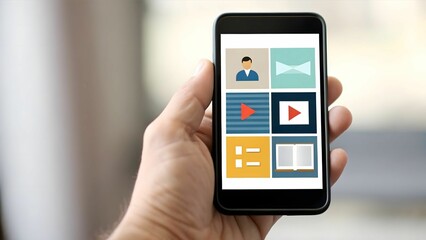 E-Learning Platform online content concept A hand holding a smartphone displaying various app icons on its screen.