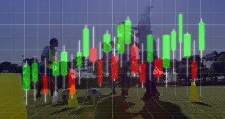 female coach instructing soccer players on field, overlay showing green red finance chart bars - Powered by Adobe