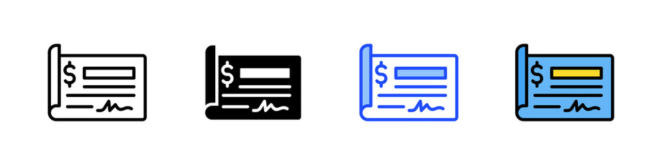 Bank Check Icon Collection With Multiple Styles
