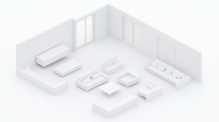 A minimalist interior design showcasing various white furniture pieces within a light, airy room.