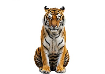 Fototapeta premium Majestic tiger sitting powerful gaze intense orange and black stripes isolated on white background sharp focus wildlife photography