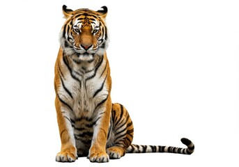 Obraz premium Majestic tiger sitting against a stark white background showcasing its powerful presence and intricate stripes in sharp detail