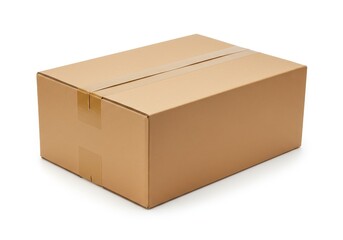 A sturdy brown cardboard box ready for shipping secured with brown tape against a clean white background perfect for e commerce and delivery