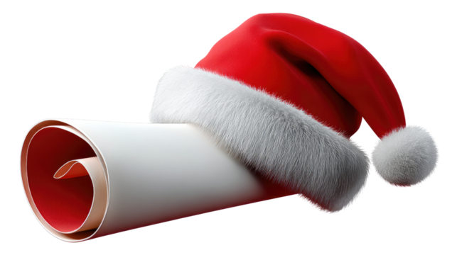 Santa Hat and Letter: A festive red Santa hat rests playfully atop a rolled-up blank scroll, perfect for your Christmas greetings or holiday marketing materials.