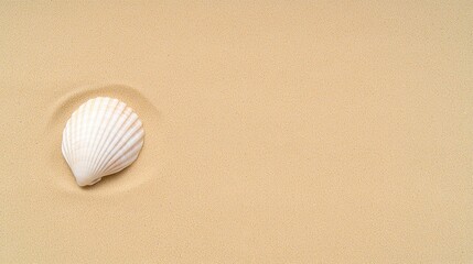 A single white shell rests on smooth, golden sand, creating a serene and tranquil beach scene.