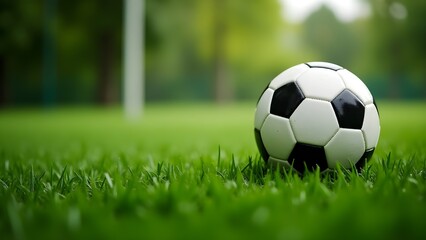 Fototapeta premium Soccer ball on a green grass background, with a blurred background