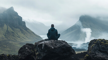 Solitude's Embrace: A solitary figure sits in serene contemplation amidst a dramatic landscape. The mountains and sky become the backdrop, inviting the viewer to pause and reflect.