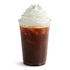 Iced coffee covered with whipped cream in plastic glass isolated on white background