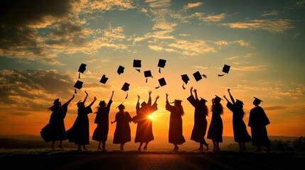 Graduates celebrating at sunset, tossing caps in the air to mark their achievement.