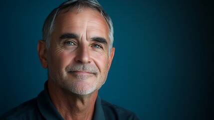 Obraz premium Portrait of Mature Man Smiling on Dark Blue Background