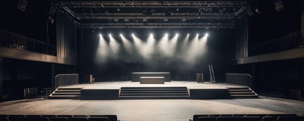 A live stage production is being set up in a center stage venue.