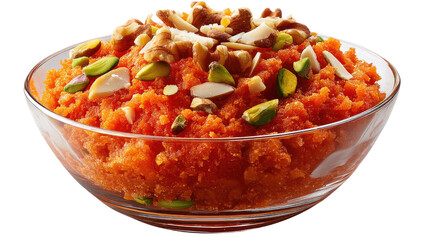 Carrot Halwa Delight: A close-up shot of a vibrant bowl of carrot halwa, an Indian dessert, garnished with a mix of nuts, offering a tempting treat with a fusion of sweet, creamy.