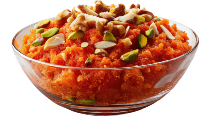 Carrot Halwa Delight: A close-up shot of a vibrant bowl of carrot halwa, an Indian dessert, garnished with a mix of nuts, offering a tempting treat with a fusion of sweet, creamy.