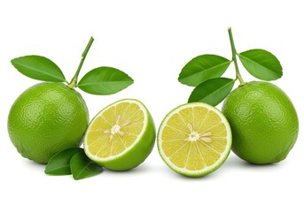 Juicy limes halved and whole glistening with freshness on a bright white background Vibrant green citrus with lush leaves a perfect summer