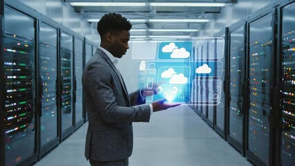 Businessperson interacting with holographic cloud service in server room. - Powered by Adobe