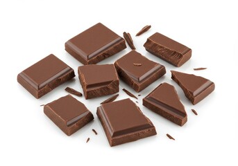 Delicious dark chocolate pieces scattered on white background tempting sweet treat rich brown tones close up shot satisfying texture