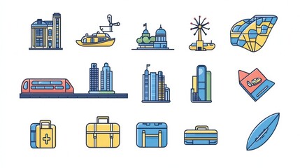 Obraz premium City travel icons transport, buildings, attractions