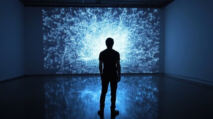 Fototapeta premium Silhouette figure contemplates a projected digital network.