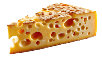 Aged Cheese Slice: A close-up shot showcases a delectable wedge of mature cheese, riddled with characteristic holes, a true embodiment of culinary delight.