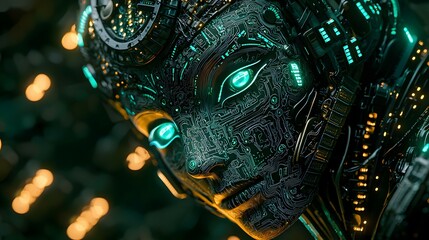 Futuristic AI Humanoid Head with Neon Lights and Circuit Patterns in Digital Art Style