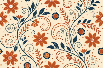 Create a seamless pattern featuring simple, naive-style illustrations of curling floral elements, focusing on a whimsical and childlike aesthetic.