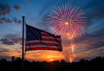 American flag at sunset with fireworks, patriotic celebration, and dramatic twilight sky.