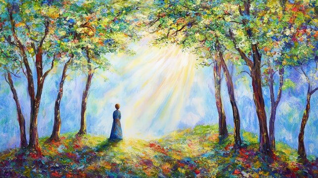 Radiant forest path with solitary figure.