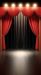 Classic red theater stage with luxurious velvet curtains closed under bright spotlights, creating an elegant and dramatic atmosphere perfect for performance, drama, or event themes

