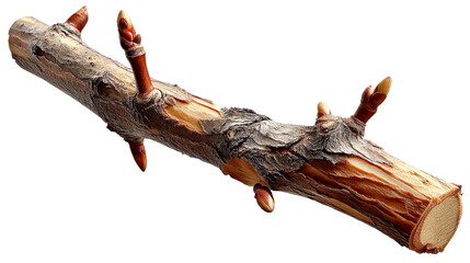 Fototapeta premium Woody Delight: A detailed view of a weathered tree branch, revealing the intricate texture of the bark and the fresh buds, a testament to nature's resilience.